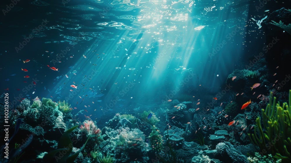 Underwater view of a vibrant coral reef with fish swimming in sunlight rays. Marine life photography.