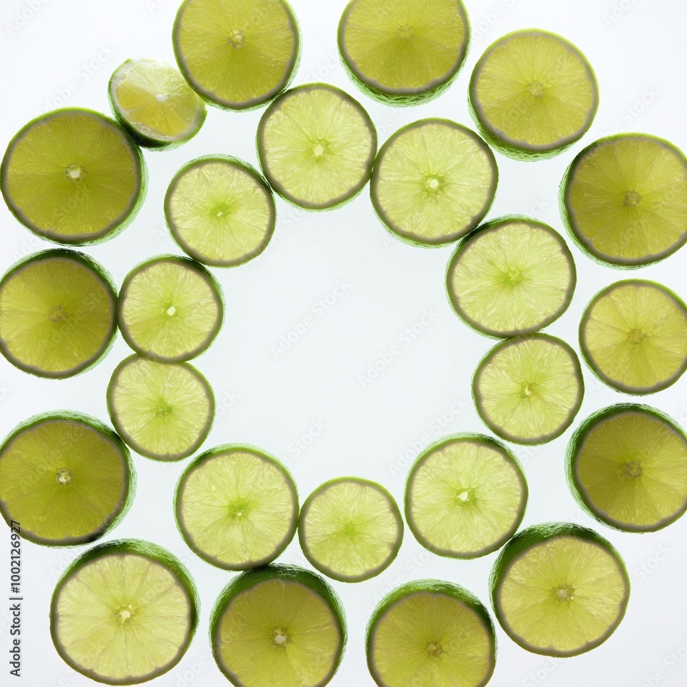 Green lime fruits on white. Top view flat lay Green lime fruits on white. Top view flat lay
