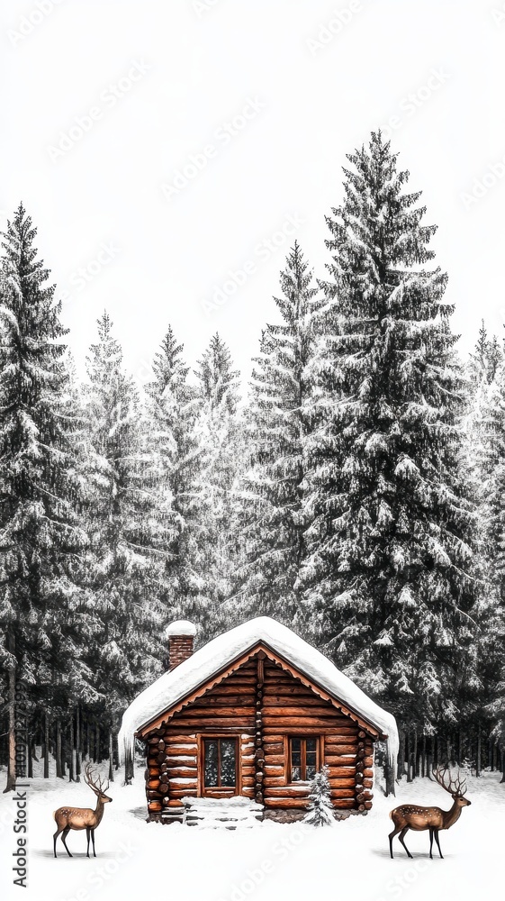 A cozy log cabin surrounded by snow-covered trees and deer, creating a tranquil winter landscape. A cozy log cabin surrounded by snow-covered trees and deer, creating a tranquil winter landscape.