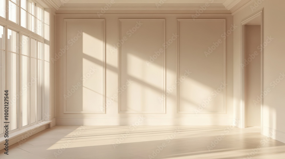 Fototapeta premium Mock up frame in an empty room with warm white walls, no furniture or decorations, 3D render