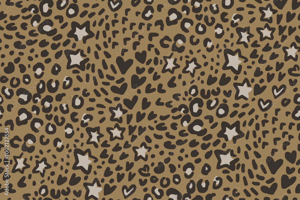 Seamless Modern Leopard Pattern with Stars and Hearts