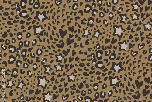 Seamless Modern Leopard Pattern with Stars and Hearts