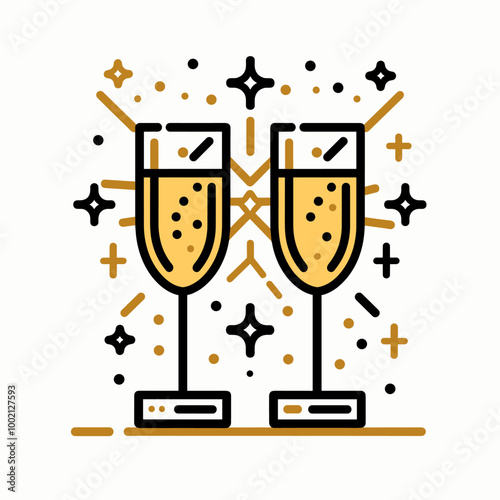 Two champagne glasses with a starry background. The glasses are filled with champagne and the background is decorated with stars