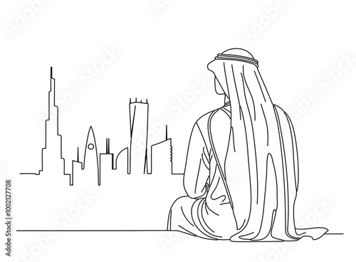 continuous one-line drawing for an arab man in thobe sitting in front of the united arab emirates skyline in Dubai editable stroke design