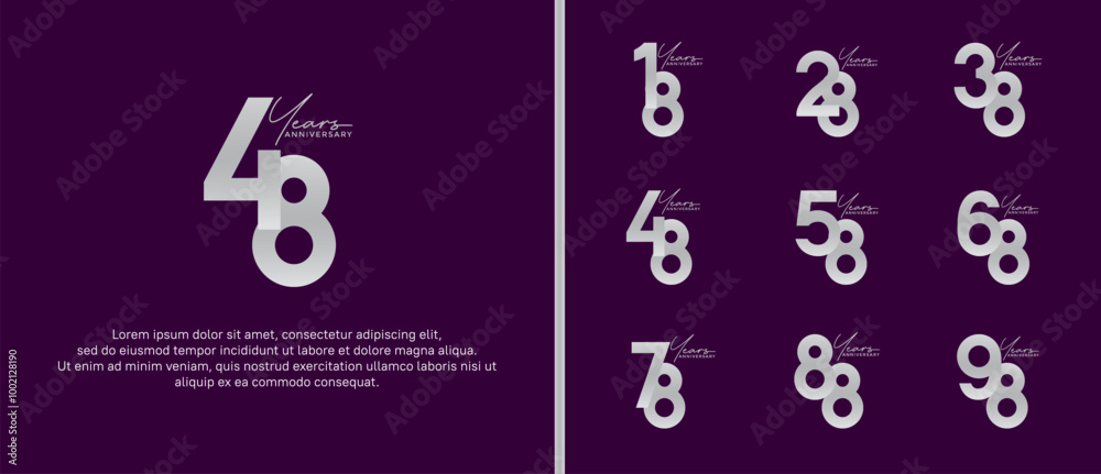 set of anniversary logo flat silver color on purple background for celebration moment set of anniversary logo flat silver color on purple background for celebration moment