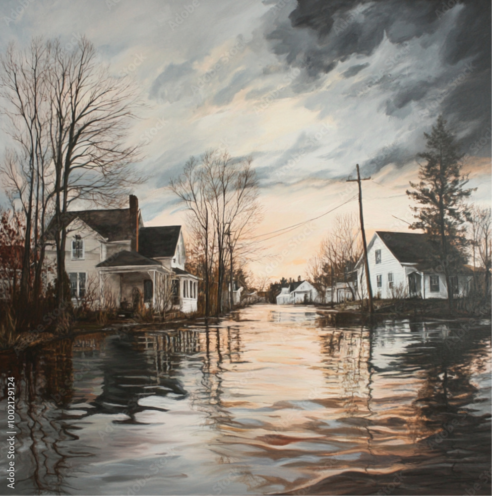 A flooded rural town with houses and bare trees under a cloudy sky, the water reflecting the buildings and sky A flooded rural town with houses and bare trees under a cloudy sky, the water reflecting the buildings and sky