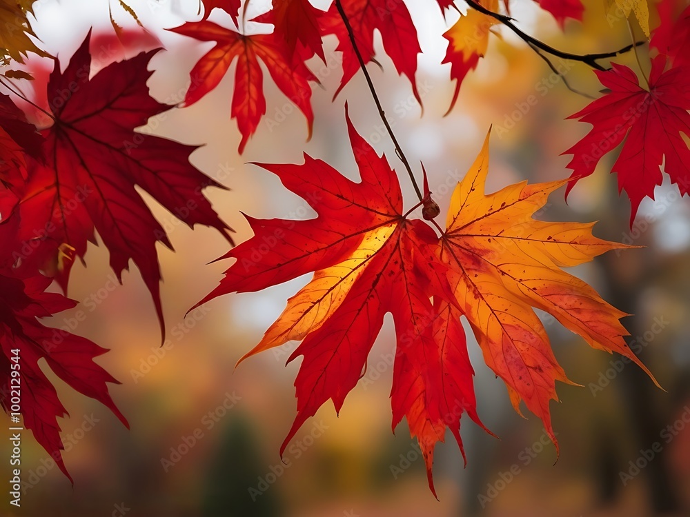beauty of red and orange maple leaves in autumn. The leaves should be vividly colored, with shades of red, orange, and yellow, highlighting the transition of the season beauty of red and orange maple leaves in autumn. The leaves should be vividly colored, with shades of red, orange, and yellow, highlighting the transition of the season