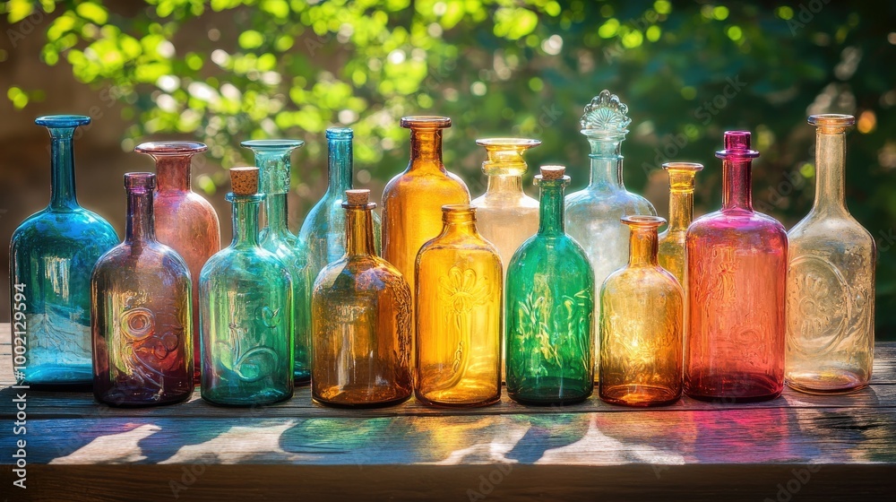 A collection of colorful glass bottles arranged on a wooden table, reflecting sunlight and creating a vibrant display, perfect for showcasing home decor. A collection of colorful glass bottles arranged on a wooden table, reflecting sunlight and creating a vibrant display, perfect for showcasing home decor.