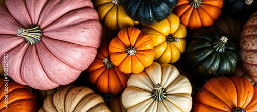 Pumpkins of various colors and sizes