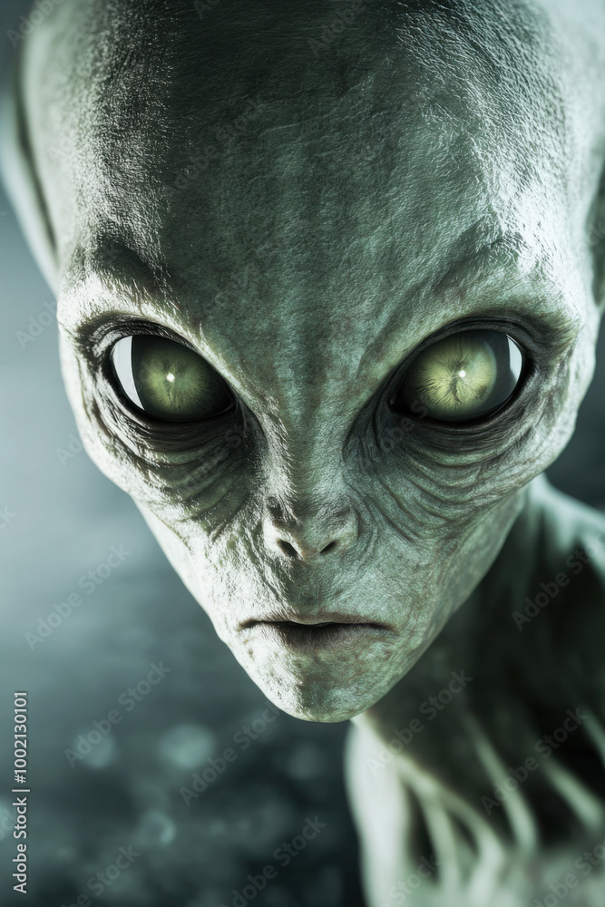 Close-up of a green alien with large eyes and wrinkled skin, in an otherworldly setting.