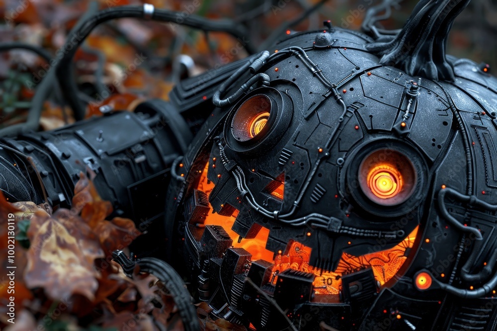 Fototapeta premium Halloween pumpkin foggy neon light background. A futuristic twist on the classic Halloween pumpkin, this cybernetic, Lantern features mechanical elements, glowing eyes, and intricate circuitry