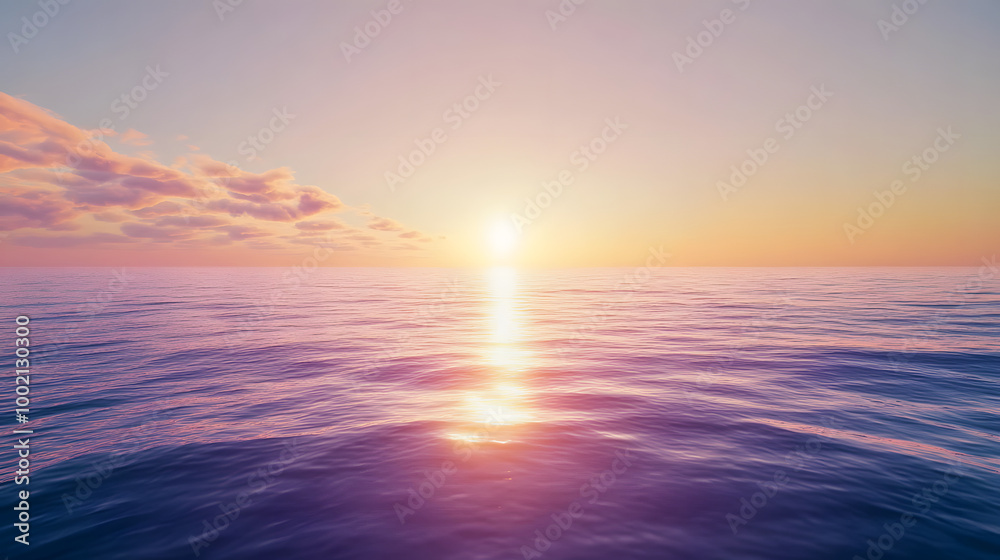 Calm ocean horizon with the sun setting, displaying pastel hues in the sky and water, embodying serenity and peace. Calm ocean horizon with the sun setting, displaying pastel hues in the sky and water, embodying serenity and peace.