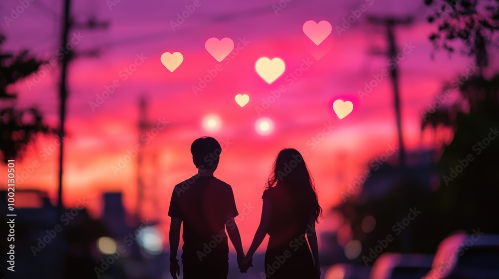 A couple holding hands at sunset with heart-shaped bokeh lights in a colorful sky, creating a romantic atmosphere. Generative AI A couple holding hands at sunset with heart-shaped bokeh lights in a colorful sky, creating a romantic atmosphere. Generative AI