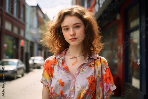 A woman with red hair and a floral dress is standing on a street