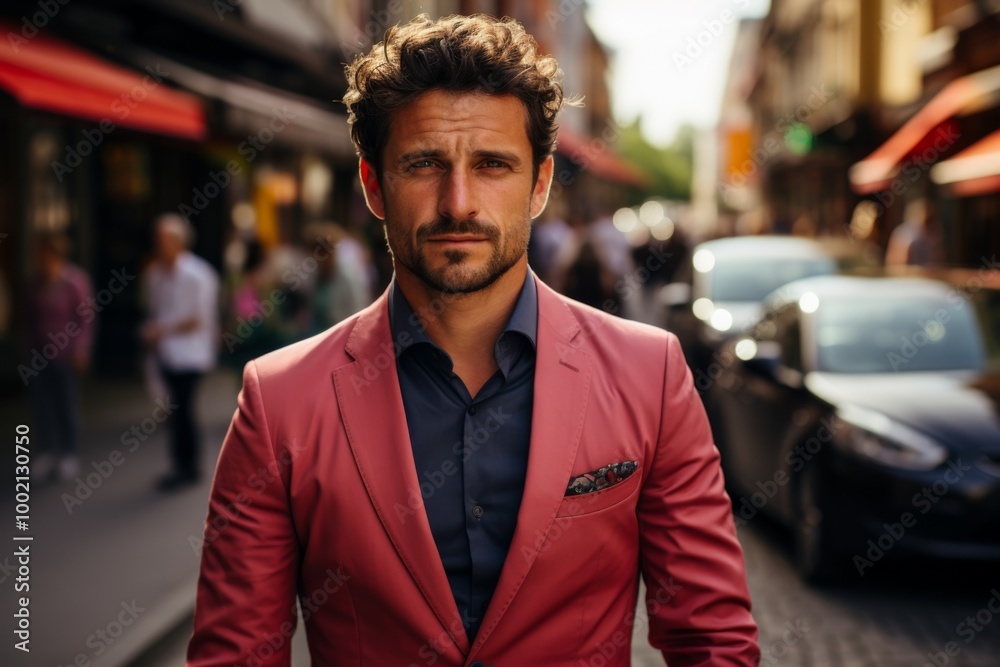 A man in a red suit is standing on a street in front of a red awning A man in a red suit is standing on a street in front of a red awning