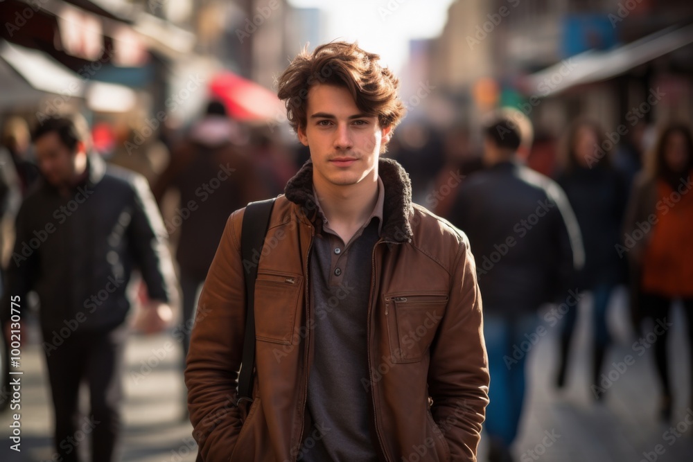 A young man wearing a brown jacket and a backpack stands in the street A young man wearing a brown jacket and a backpack stands in the street