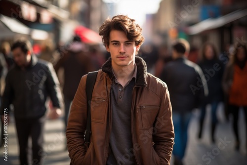 A young man wearing a brown jacket and a backpack stands in the street