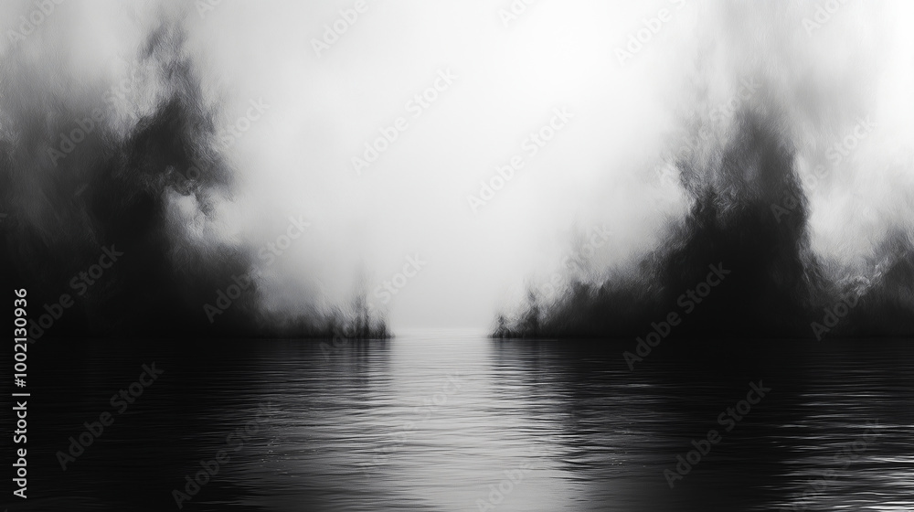 Obraz premium Abstract. Black mist over calm water with a foggy horizon