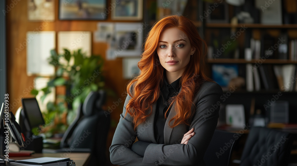 A professional woman with red hair in a business suit stands confidently in a modern office setting