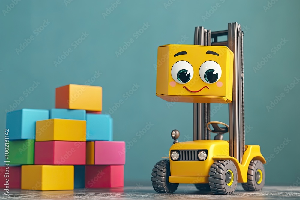 A Cartoon Forklift with a Smiling Face Lifting a Yellow Block in Front of a Stack of Colored Cubes A Cartoon Forklift with a Smiling Face Lifting a Yellow Block in Front of a Stack of Colored Cubes