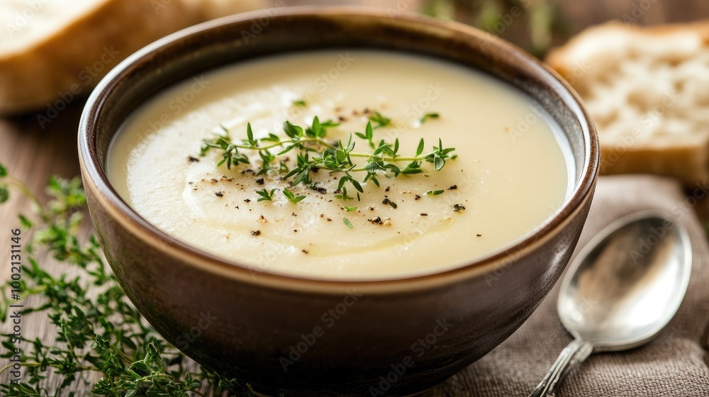 A cup of creamy soup with a spoon resting on the side, beautifully garnished with herbs, highlighting comfort food and culinary artistry. A cup of creamy soup with a spoon resting on the side, beautifully garnished with herbs, highlighting comfort food and culinary artistry.