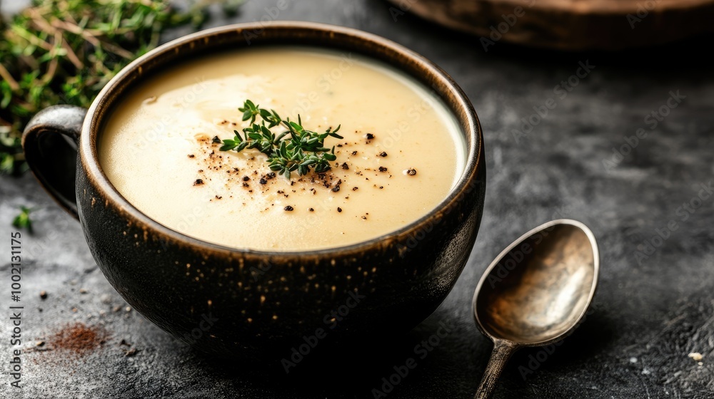 A cup of creamy soup with a spoon resting on the side, beautifully garnished with herbs, highlighting comfort food and culinary artistry. A cup of creamy soup with a spoon resting on the side, beautifully garnished with herbs, highlighting comfort food and culinary artistry.