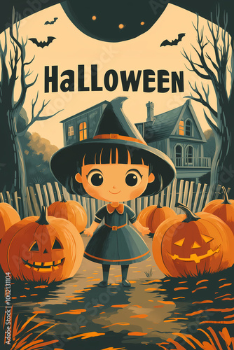 Affiche retro d'une petite fille adorable déguisée en sorcière pour Halloween photo