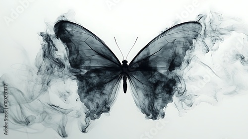 A black butterfly with intricate wings made of smoke against a white background.