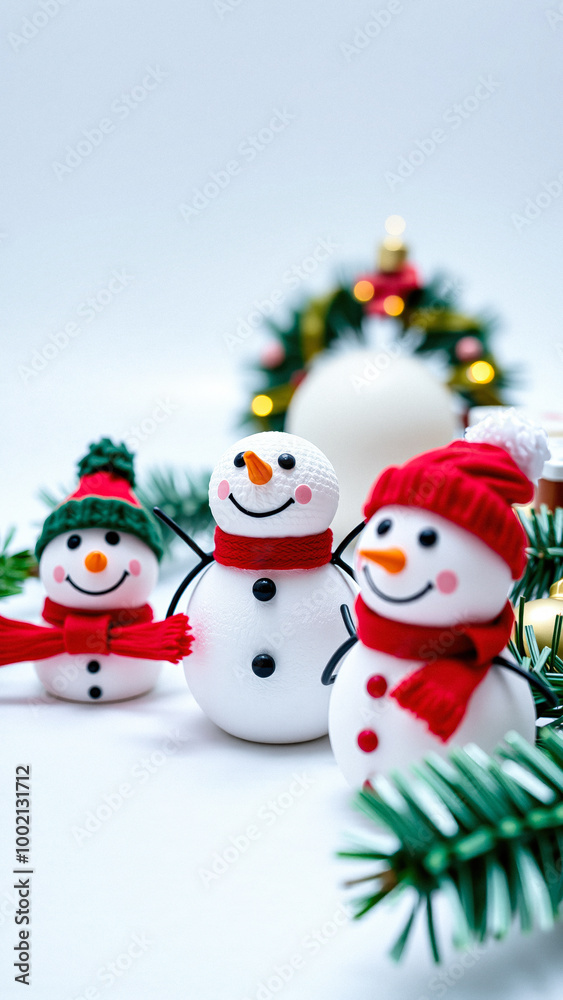 Adorable Snowmen with Red Scarves and Christmas Decorations Adorable Snowmen with Red Scarves and Christmas Decorations