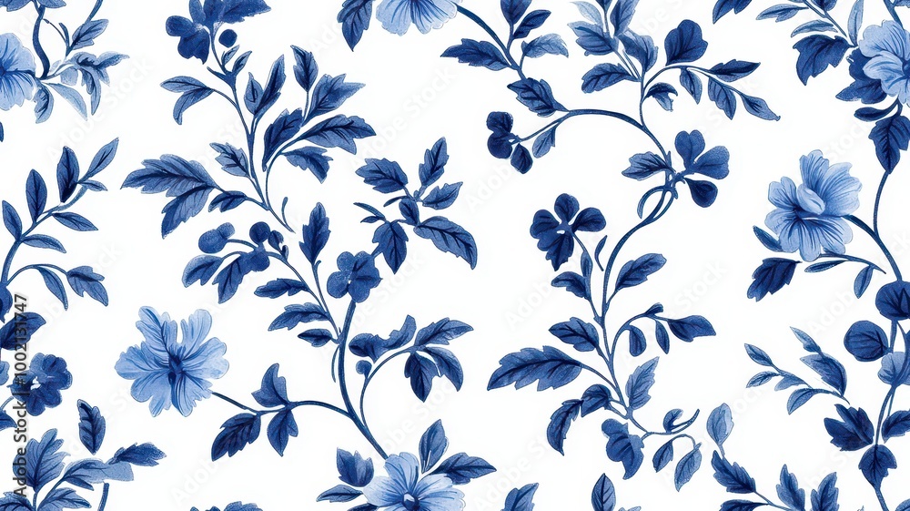 A delicate blue floral pattern on a white background, showcasing intricate leaves and blooms in a harmonious design. A delicate blue floral pattern on a white background, showcasing intricate leaves and blooms in a harmonious design.