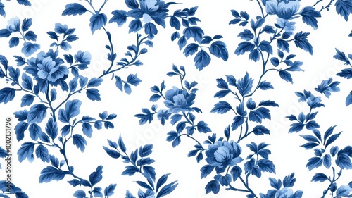 A beautiful floral pattern featuring blue leaves and flowers on a white background, embodying elegance and classic design.