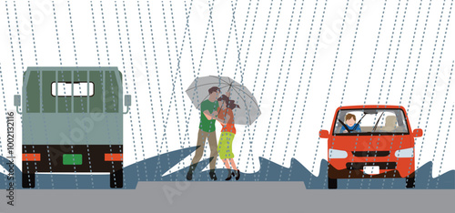 異常気象で豪雨、氾濫に合う自動車と歩行者のイメージイラスト