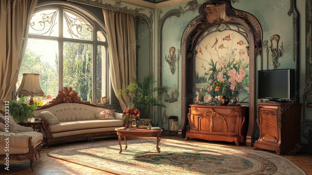Obraz premium Living room with intricate floral motifs, curved lines, and elegant furniture.