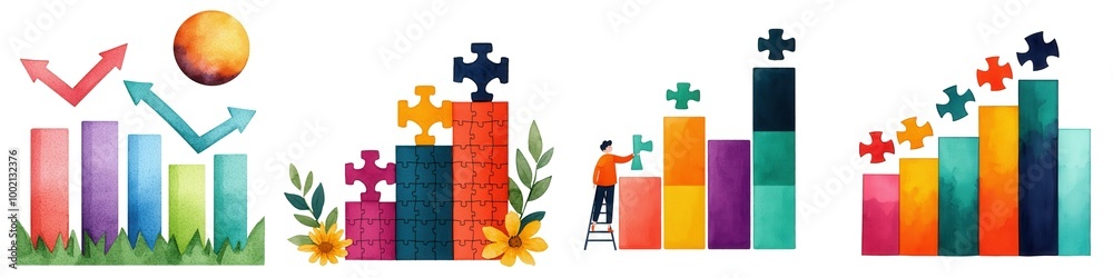 Watercolor Colorful graph illustrations showing growth and development ...