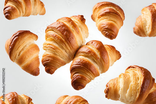 Freshly baked croissant flying in air, isolated on white background. French pastry croissants floating. Buttered bread croissants flying in air isolated photo