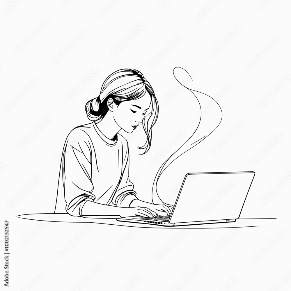 Woman Working on Laptop in Minimalist Line Art Style Woman Working on Laptop in Minimalist Line Art Style