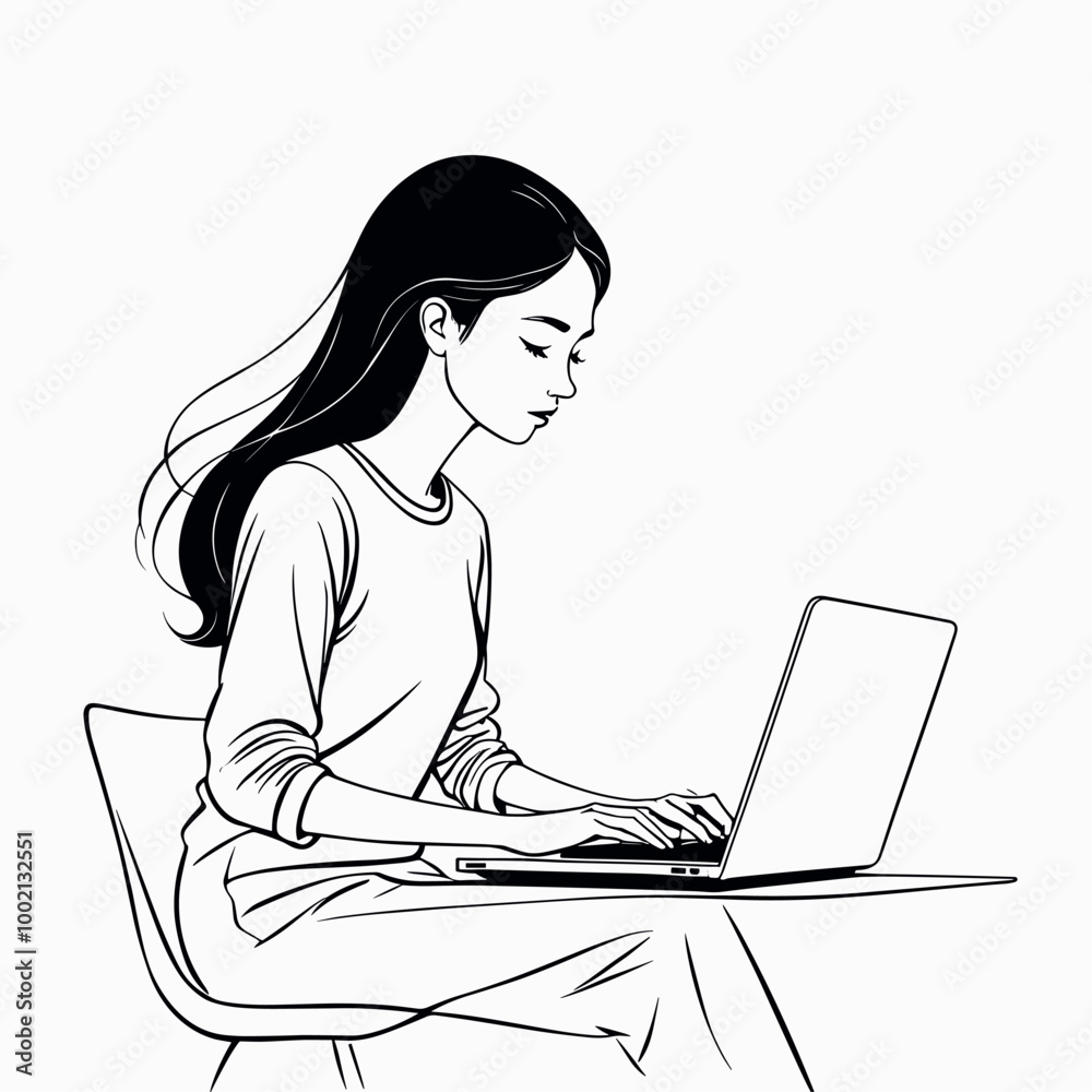 Woman Working on Laptop in Minimalist Line Art Style Woman Working on Laptop in Minimalist Line Art Style