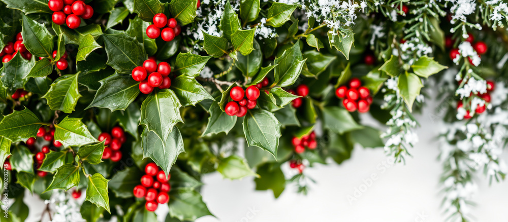 Fresh Holly Sprig with Red Berries and Snow Fresh Holly Sprig with Red Berries and Snow