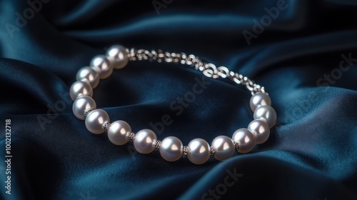 A delicate pearl bracelet elegantly arranged on a soft, dark fabric, showcasing its luster and craftsmanship.