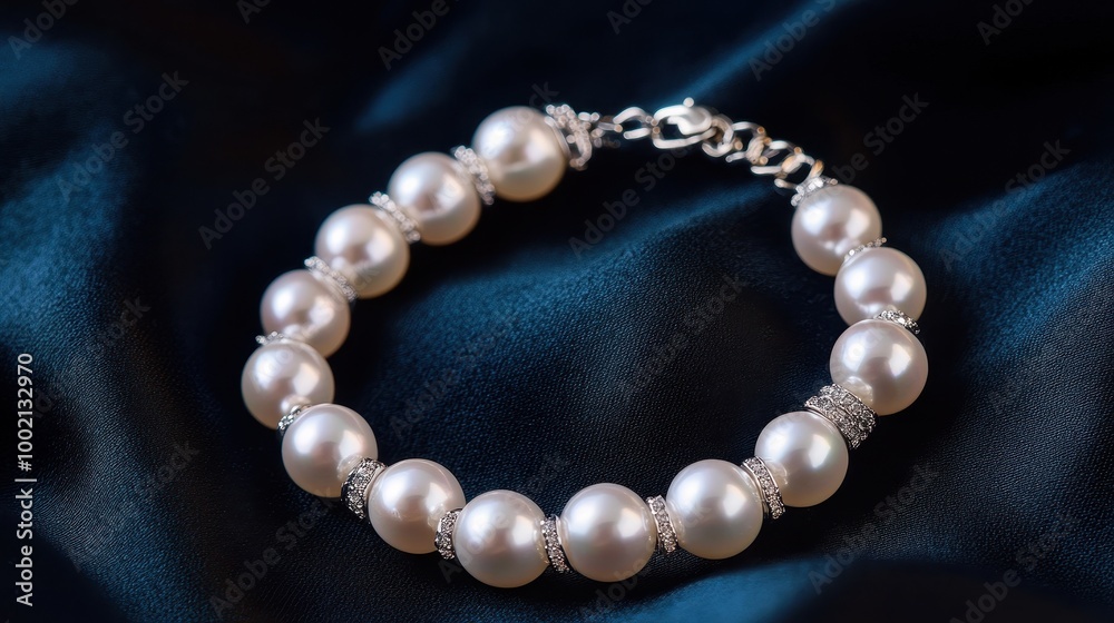 A delicate pearl bracelet elegantly displayed on a dark, silky fabric, showcasing its lustrous pearls and intricate design. A delicate pearl bracelet elegantly displayed on a dark, silky fabric, showcasing its lustrous pearls and intricate design.