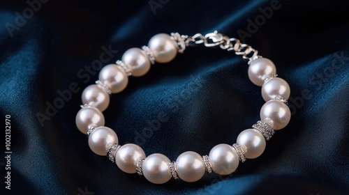 A delicate pearl bracelet elegantly displayed on a dark, silky fabric, showcasing its lustrous pearls and intricate design. photo