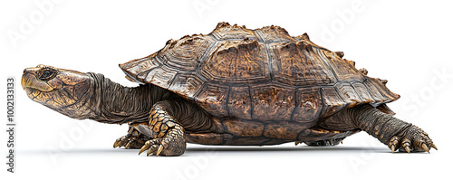 The alligator snapping turtle, known for its rugged shell and powerful jaws, shown on a white background