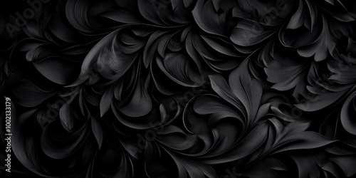 A black and white image of a flowery pattern. The image is black and white and has a very dark and moody feel to it. The flowers are very intricate and detailed, with each petal