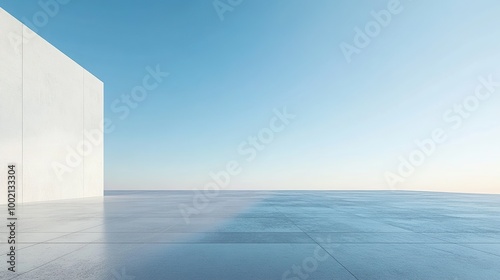 3D render of a modern minimalist abstract futuristic architecture with a car park, and empty concrete floor on a blue sky background. Modern white abstract shapes for product presentation, or display.
