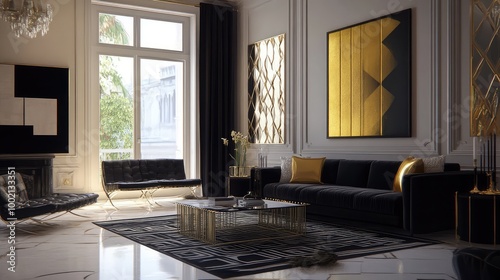 Chic Art Deco living room featuring bold gold accents, sleek black furniture, and geometric wall art.