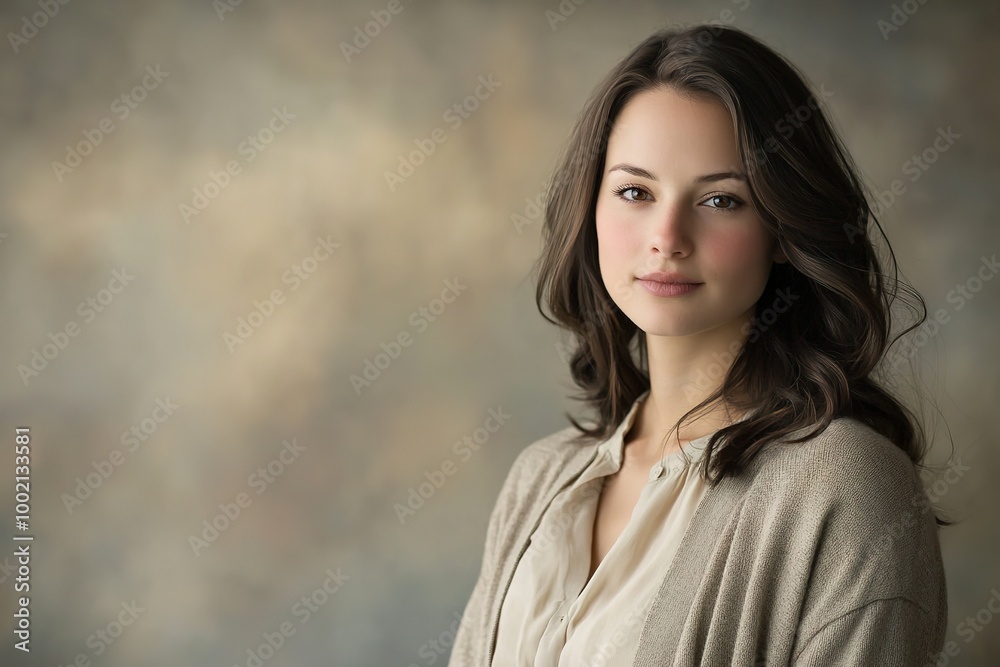 Elegant woman in neutral tones with subtle smile Elegant woman in neutral tones with subtle smile