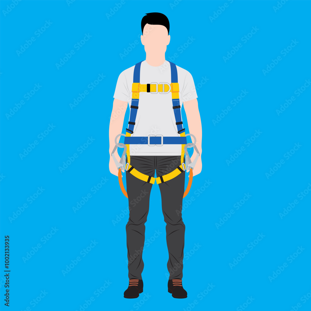 Man of worker with full body harness. Vector illustration of safety rules for wear personal protective equipment of work at height. Man of worker with full body harness. Vector illustration of safety rules for wear personal protective equipment of work at height.