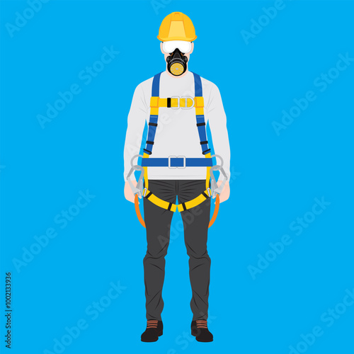 Industrial or construction worker with hardhat, goggles, gas mask, shoes, and body harness. Personal protective equipment mandatory wear sample and model. Vector illustration.