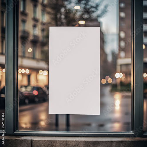 Poster promotion design mockup. Vertical empty white blank paper advertising logo banner frame template mock up displayed on window glass