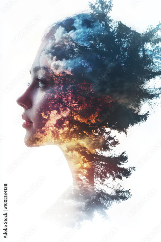 Double exposure of a young woman's profile blending with a forest and sunset, creating an ethereal, dreamlike effect. Double exposure of a young woman's profile blending with a forest and sunset, creating an ethereal, dreamlike effect.